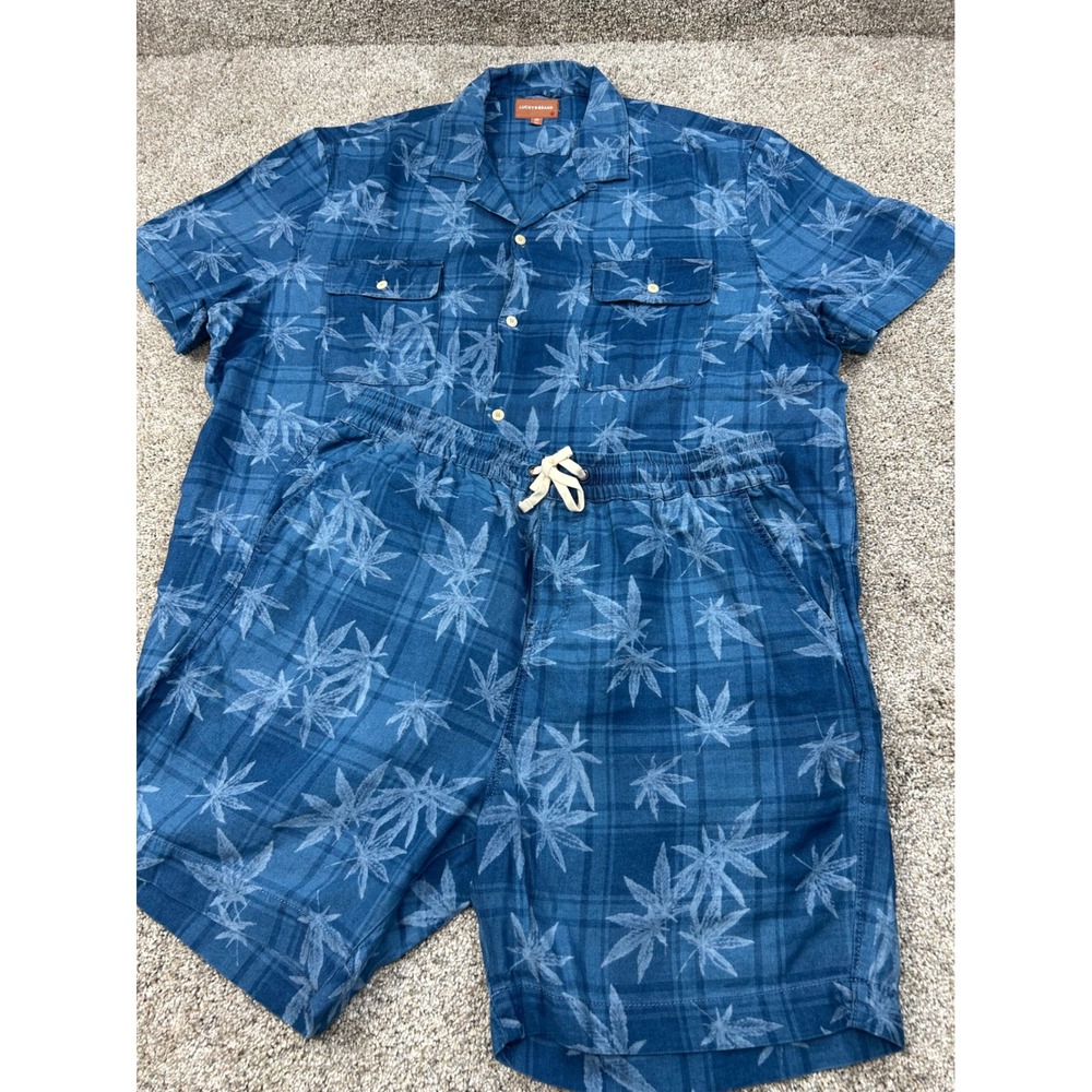Lucky Brand Mens XXL Blue Plaid Leaf Print Shirt and Shorts Matching Set #0741